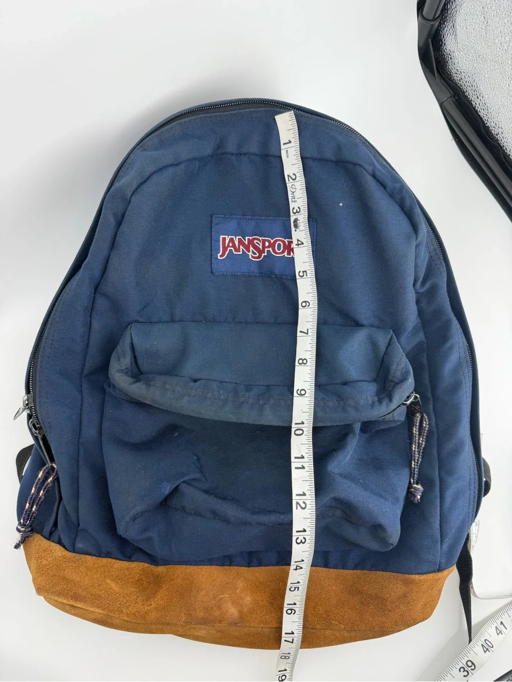 JanSport Right Pack Backpack Navy Blue Suede Leather Bottom Vintage Y2K School